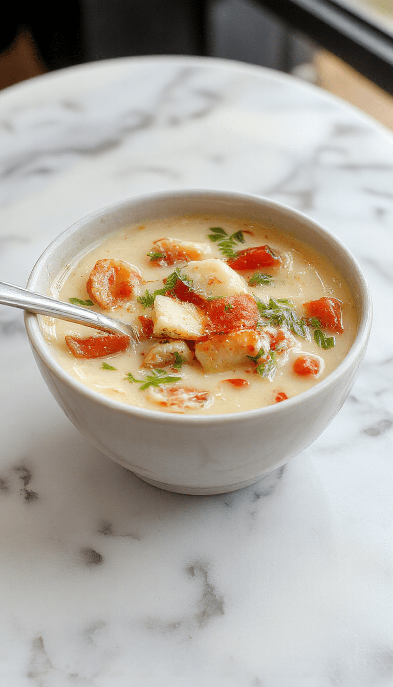 A vibrant bowl of creamy vegetable soup with colorful chunks of carrots, celery, and green beans topped with fresh herbs, served in a rustic white bowl on a wooden table with a spoon beside it, steam rising, evoking warmth and freshness.