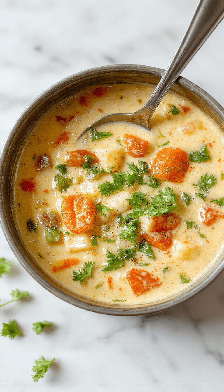A vibrant bowl of creamy vegetable soup showcasing colorful chunks of carrots, celery, zucchini, and potatoes, topped with fresh herbs. The soup has a smooth, thick texture and is presented in a rustic white bowl on a wooden surface with bread slices and a sprig of parsley for garnish.