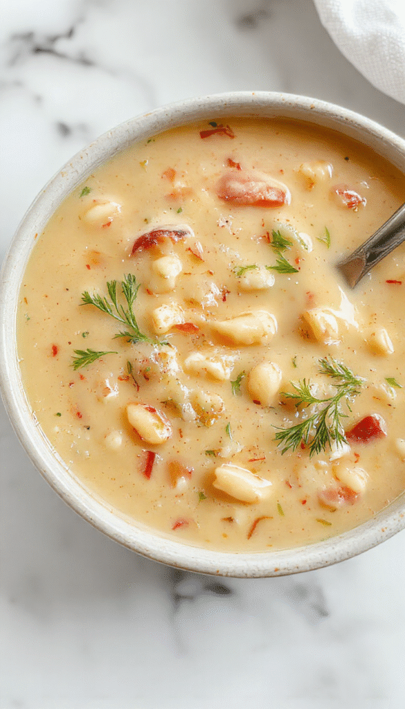 A steaming bowl of creamy white bean soup garnished with fresh herbs, served on a rustic wooden table with slices of crusty bread, vibrant green herbs, and a drizzle of olive oil, evoking warmth and comfort.