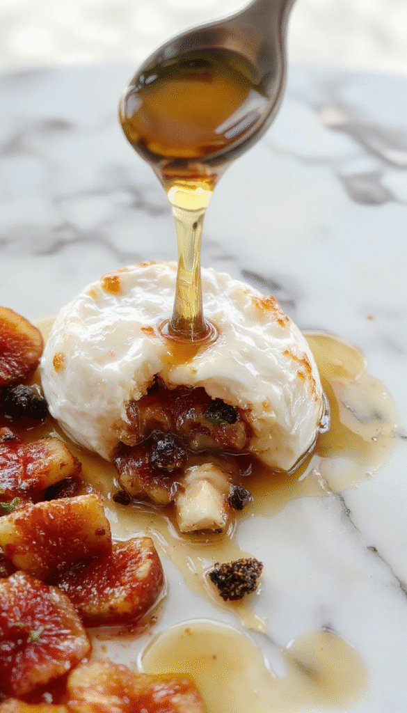 Golden baked brie cheese in flaky puff pastry topped with glossy honey drizzle and sliced fresh figs arranged elegantly on a white plate with a rustic wooden background, garnished with sprigs of thyme and a honey dipper