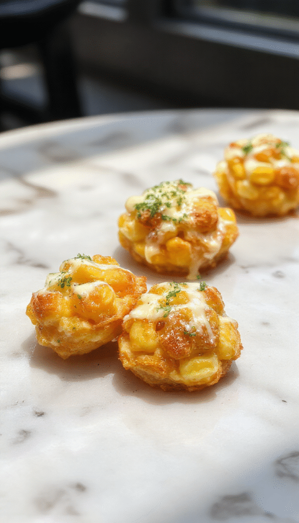 A vibrant plate of golden crispy corn cheese bites with bubbly melted cheese on top, garnished with chopped herbs, served on a white platter with a colorful background, showcasing the crunchy texture and cheesy goodness.