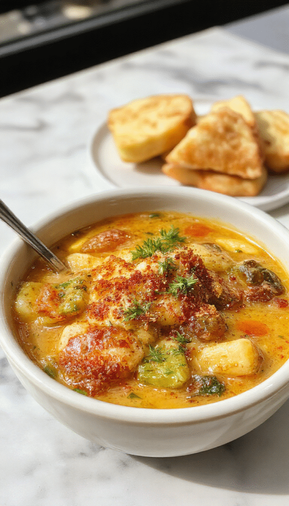 A vibrant bowl of vegetable soup with bright orange carrots, green zucchini, red bell peppers, and leafy greens, garnished with fresh herbs, served in a rustic white bowl on a wooden table with a spoon and bread in the background.