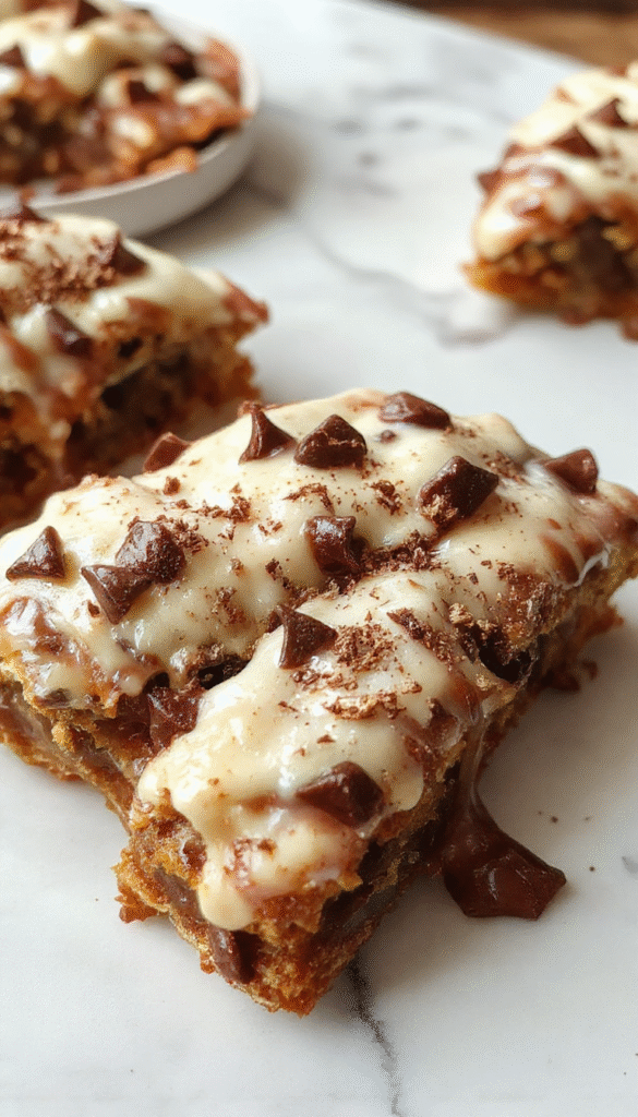 A vibrant image of a sliced cannoli pie showcasing golden crust filled with rich cream, dotted with semi-sweet chocolate chips, topped with a dusting of powdered sugar and a sprinkle of cinnamon. The pie sits on a rustic wooden table, with a few chocolate chips and cinnamon sticks nearby, styled to emphasize its creamy texture and inviting appearance.