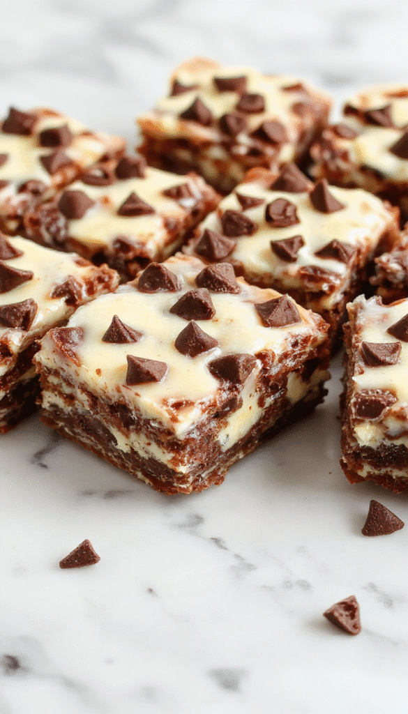 Colorful cheesecake bars with golden crust topped with rich swirls of chocolate chips and creamy cheesecake filling, garnished with chocolate drizzle and sprigs of mint, styled on a white plate with crumbs scattered around, bright background highlighting textures and vibrant flavors.