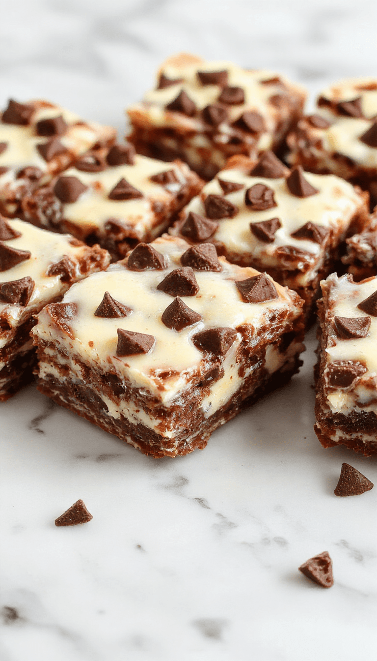Colorful cheesecake bars with golden crust topped with rich swirls of chocolate chips and creamy cheesecake filling, garnished with chocolate drizzle and sprigs of mint, styled on a white plate with crumbs scattered around, bright background highlighting textures and vibrant flavors.