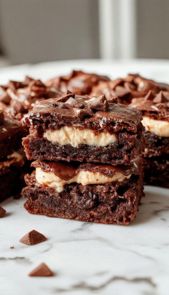 A close-up shot of rich, fudgy chocolate brownies layered with creamy chocolate mousse, topped with a swirl of whipped cream and garnished with chocolate shavings, capturing the glossy, moist texture and luscious flavor.
