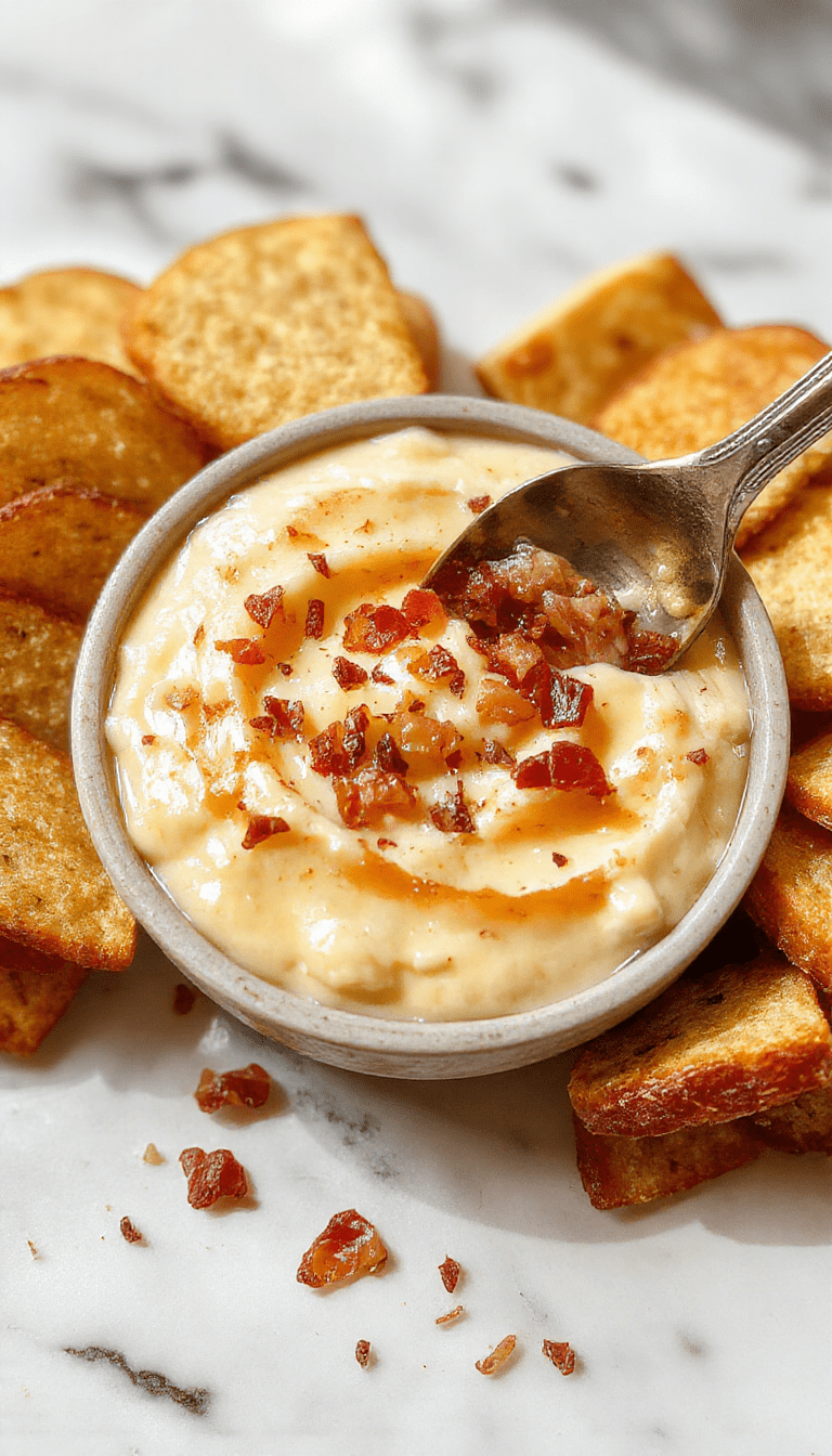 A close-up of a creamy cheese dip swirled with crispy bacon bits and drizzled with golden maple syrup, served in a rustic white bowl with fresh herbs scattered around, set on a wooden table with a background of toasted bread and vegetables.