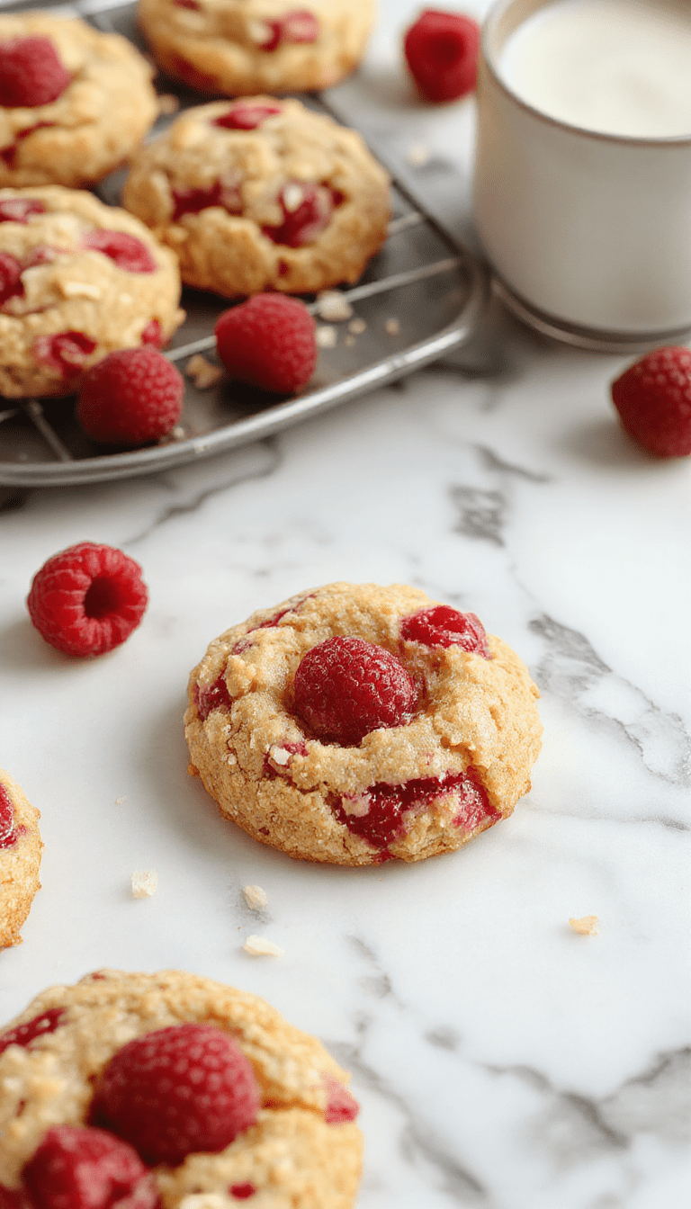 A close-up shot of golden-brown raspberry crumble cookies on a rustic wooden platter, topped with fresh raspberries and a sprinkle of powdered sugar, showcasing their crumbly texture and vibrant red berries under soft natural light.