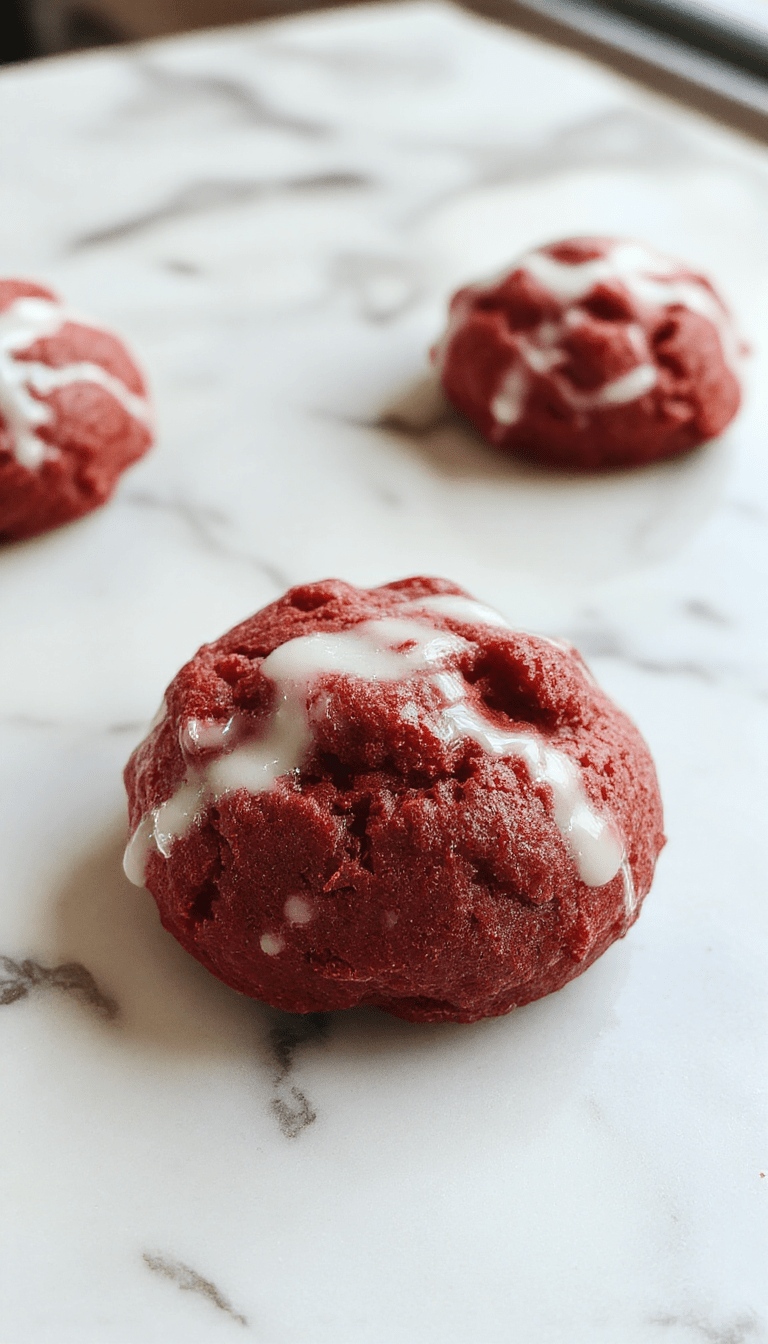 A vibrant red velvet cookie dough served in a clear glass bowl, topped with chocolate chips and a drizzle of white chocolate, garnished with a sprig of mint. The background features a rustic wooden table with scattered crumbs and additional dough balls, styled with a modern, inviting look.