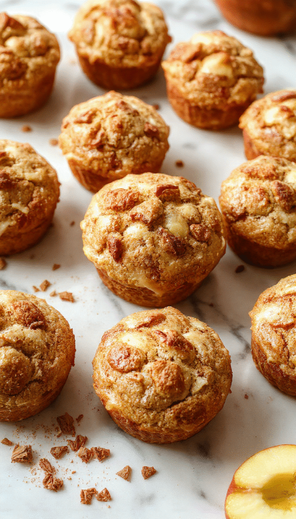 A close-up of golden-brown apple cinnamon muffins arranged on a rustic wooden platter, topped with a dusting of powdered sugar and cinnamon. Fresh apple slices and cinnamon sticks are artfully placed around the muffins, with soft natural light highlighting their fluffy texture and the caramelized edges, creating an inviting, homey atmosphere.
