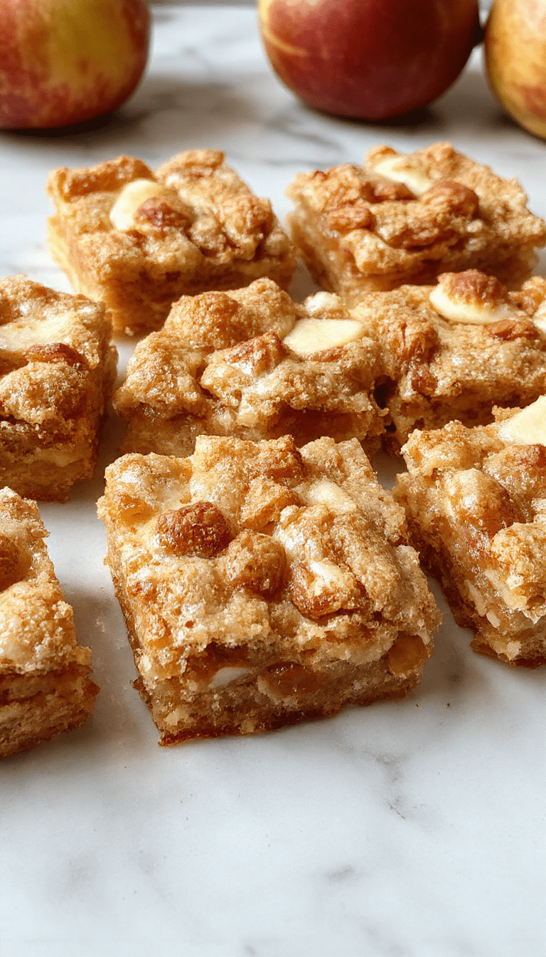 A close-up of golden-brown apple crisp shortbread bars garnished with a dusting of powdered sugar, arranged on a rustic wooden platter with fresh apple slices and a drizzle of caramel sauce, showcasing their crumbly texture and caramelized apple chunks inside.