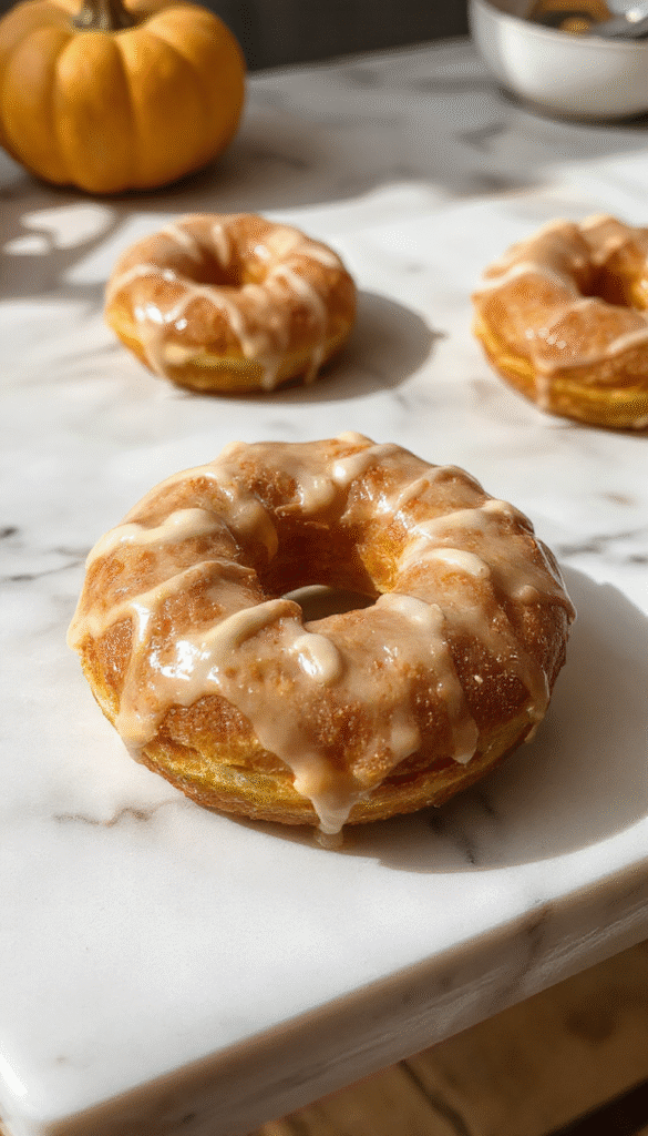 A plate of golden-brown baked pumpkin donuts topped with a light dusting of powdered sugar, arranged on a rustic wooden platter. The donuts are round with a slightly textured surface, highlighting the pumpkin flavor. The background features fall-themed decorations with warm tones, soft lighting enhancing the inviting appearance.