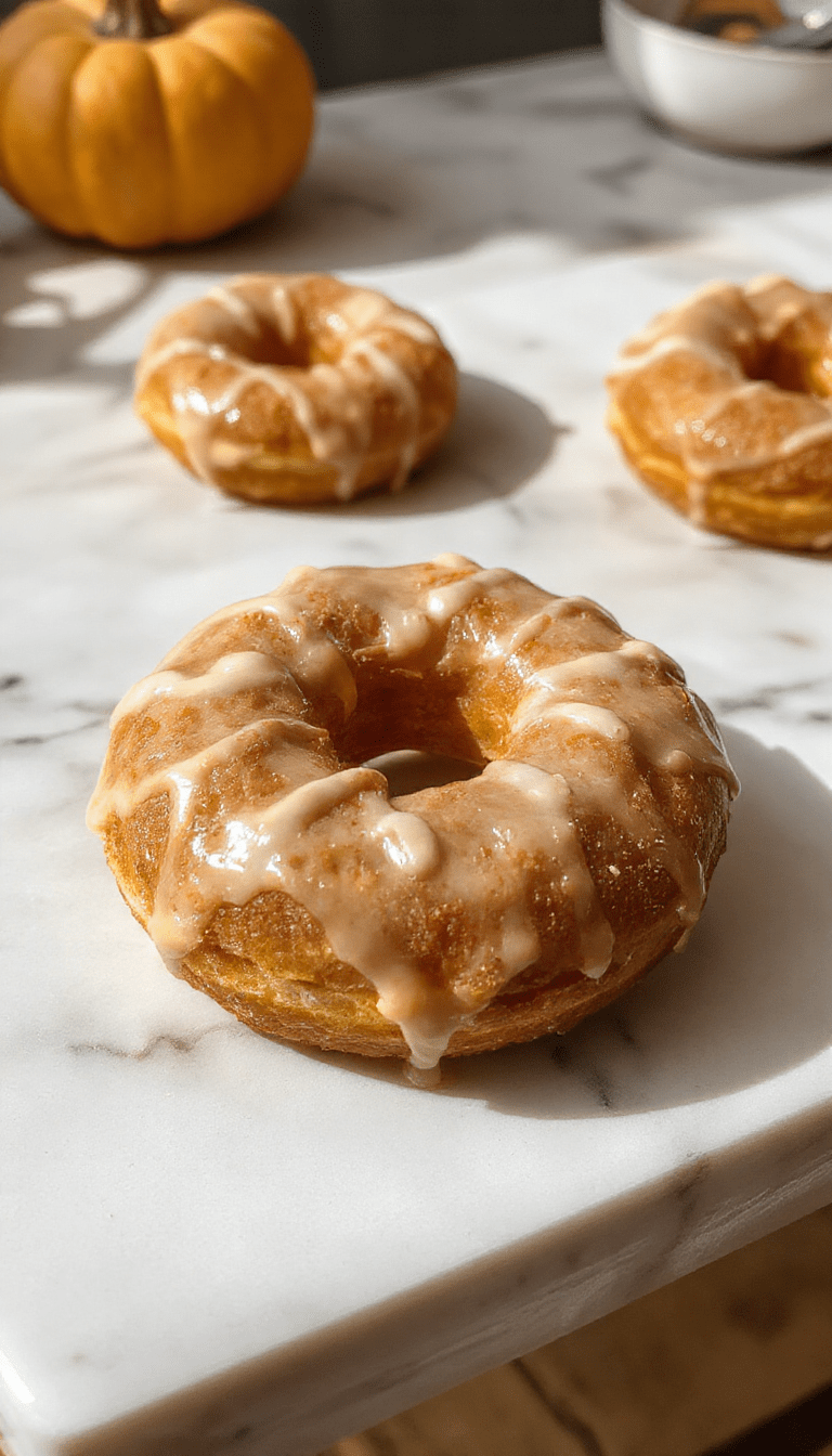 A plate of golden-brown baked pumpkin donuts topped with a light dusting of powdered sugar, arranged on a rustic wooden platter. The donuts are round with a slightly textured surface, highlighting the pumpkin flavor. The background features fall-themed decorations with warm tones, soft lighting enhancing the inviting appearance.