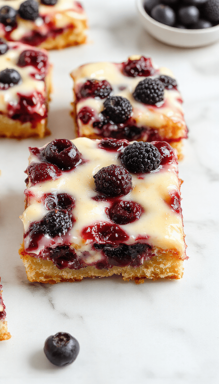Colorful blueberry cream cheese bars arranged on a white plate with visible layers of golden crust, creamy cheese filling, and vibrant blueberries on top, garnished with powdered sugar and fresh mint, styled elegantly on a rustic wooden table.