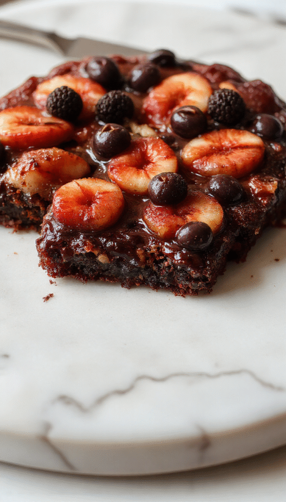 Colorful fruit pizza on a round brownie crust topped with sliced strawberries, blueberries, kiwi, and mandarin oranges, decorated with chocolate drizzle and mint leaves, styled on a rustic wooden platter with a bright, inviting background.