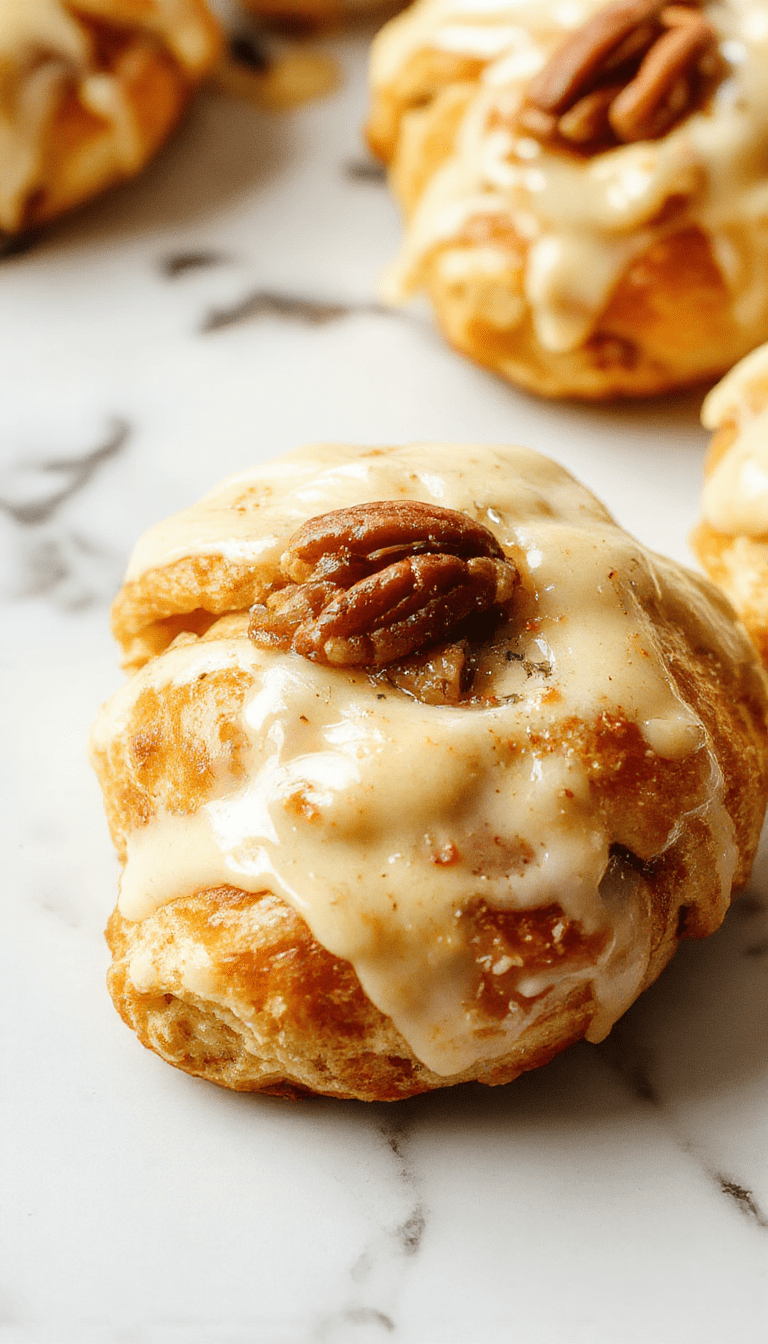 A close-up of golden-brown crescent rolls filled with crunchy pecan filling, elegantly arranged on a rustic white plate with a sprinkle of powdered sugar and garnished with pecan halves and fresh herbs, their flaky layers visible with a glossy buttery finish