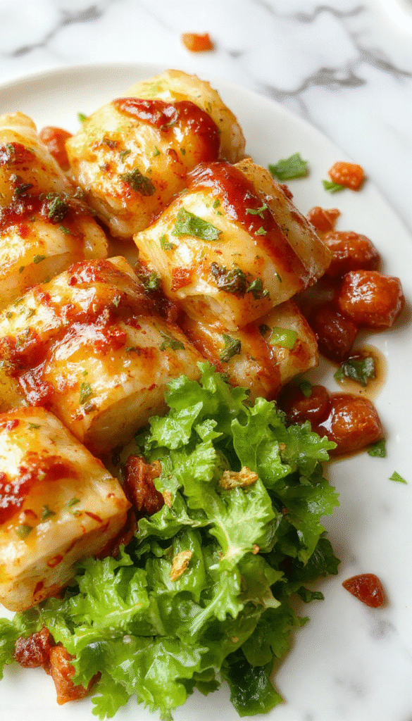 A vibrant plate featuring neatly rolled cabbage stuffed with seasoned meat and rice, topped with tomato sauce and garnished with fresh herbs, presented on a rustic wooden table with a colorful background showing sliced cabbage and ingredients.