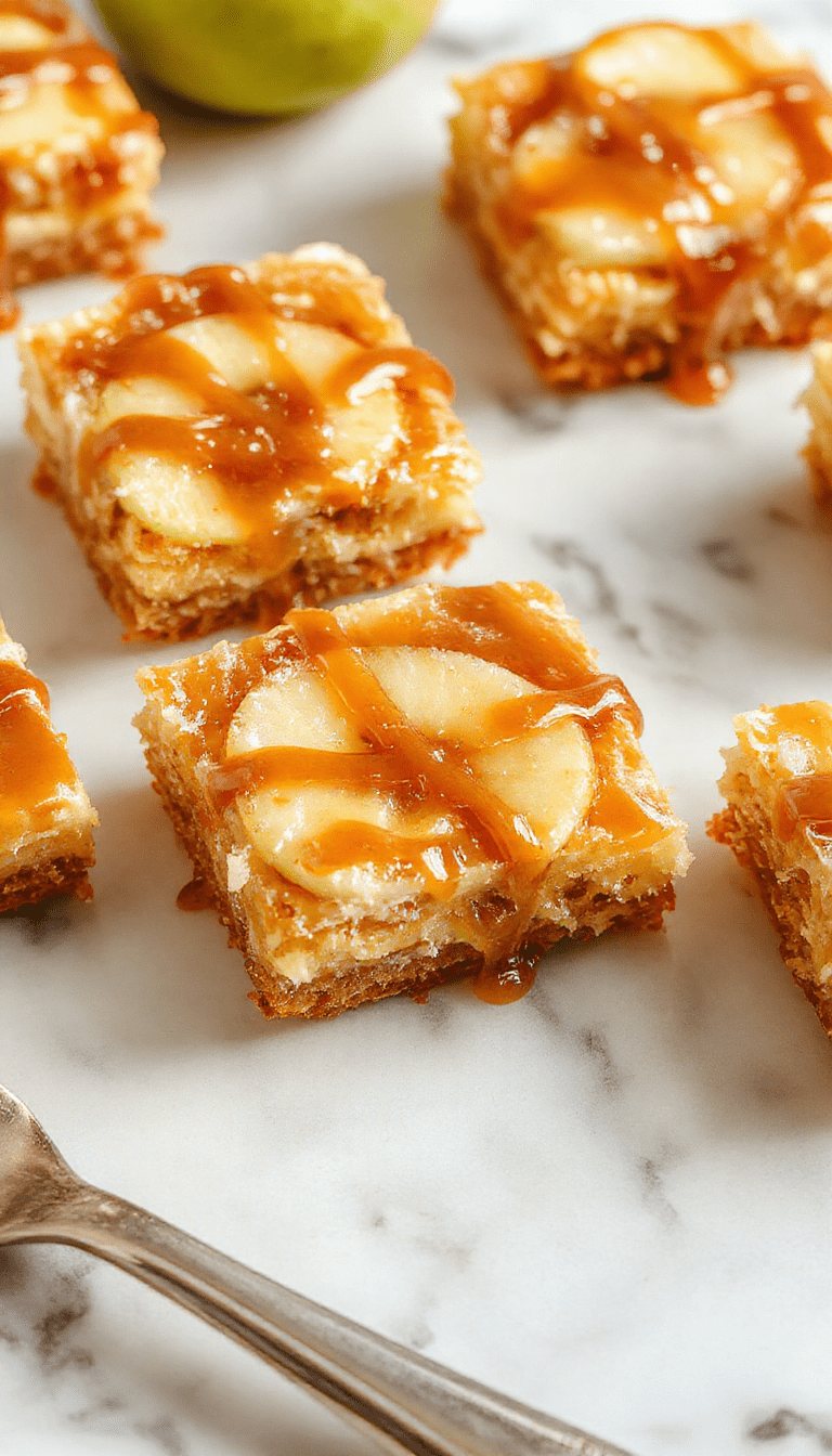 A close-up of caramel apple cheesecake bars arranged on a rustic wooden surface, showcasing golden-brown crust topped with creamy cheesecake, caramel drizzle, and slices of fresh red and green apples, with a sprinkle of cinnamon and chopped nuts on top.