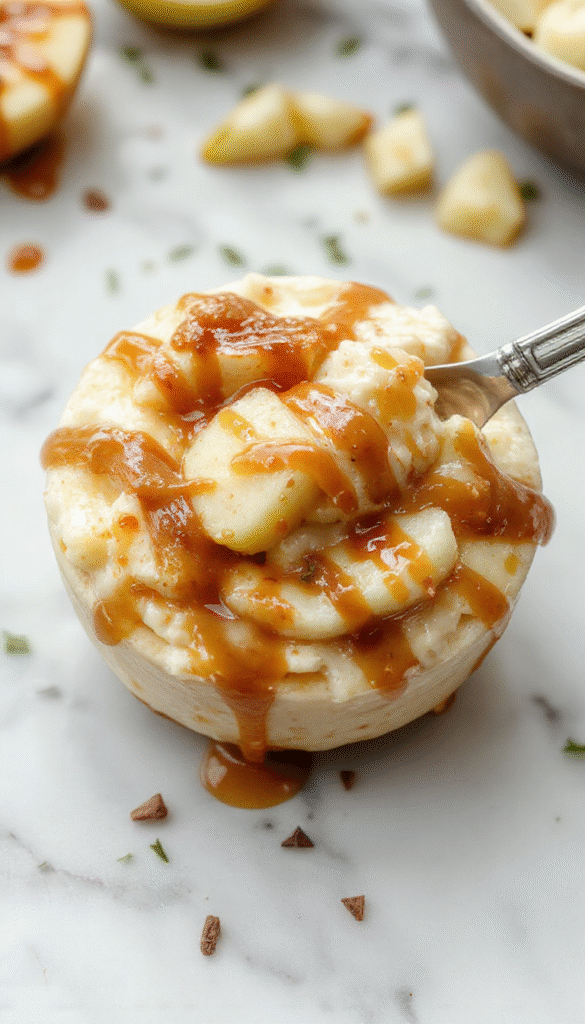 A close-up of a creamy caramel apple cheesecake dip in a clear glass bowl, topped with caramel drizzle, chopped apples, and crushed cookies. The dip has a smooth texture with a glossy caramel layer, surrounded by fresh apple slices and garnished with a sprinkle of cinnamon. The vibrant colors of red apples and golden caramel contrast beautifully, styled on a rustic wooden surface with a spoon partially dipped into the dip.