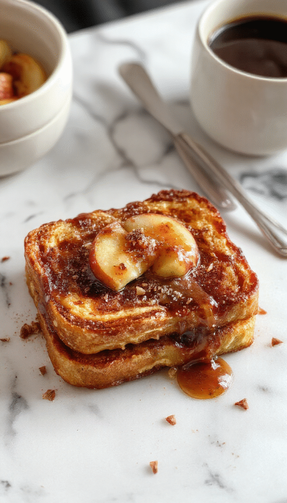 A plated cinnamon apple French toast bake served on a rustic wooden table, topped with powdered sugar and fresh apple slices, with a warm caramel drizzle and a mug of coffee in the background. The dish features golden-brown, crispy edges and soft, moist interior with visible cinnamon swirls and apple chunks.