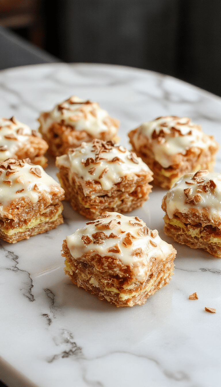 Colorful display of square-shaped cannoli desserts with a crispy golden crust, filled with creamy ricotta cheese and chocolate chips, topped with powdered sugar and chocolate drizzle, arranged elegantly on a white plate garnished with fresh herbs and a dusting of powdered sugar.