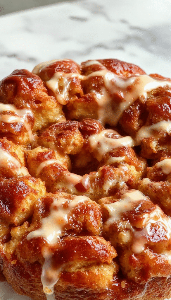 A golden-brown monkey bread pulled apart, served on a rustic white plate, with melted butter drizzling over the soft, gooey bread. The bread features flaky layers, coated with cinnamon sugar, with a caramel glaze glistening on top, styled in a warm, inviting setting with a wooden background.