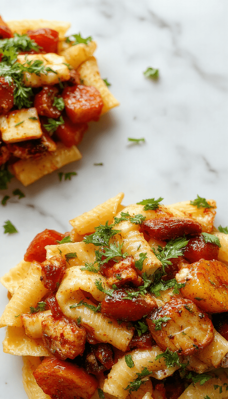 A vibrant plate of fall harvest pasta salad featuring colorful spiral pasta, crisp roasted vegetables, fresh green herbs, and a drizzle of tangy vinaigrette, styled attractively on a rustic wooden table with seasonal elements