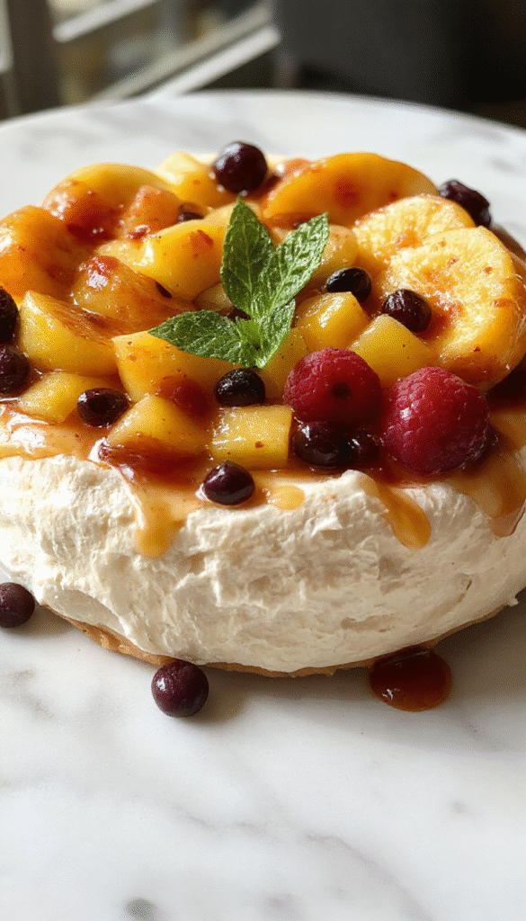 A vibrant pavlova on a white plate, topped with fluffy white meringue, whipped cream, and an assortment of colorful fresh fruits like berries, kiwi, and mango, garnished with mint leaves and drizzled with fruit syrup, styled on a rustic wooden table with natural lighting.