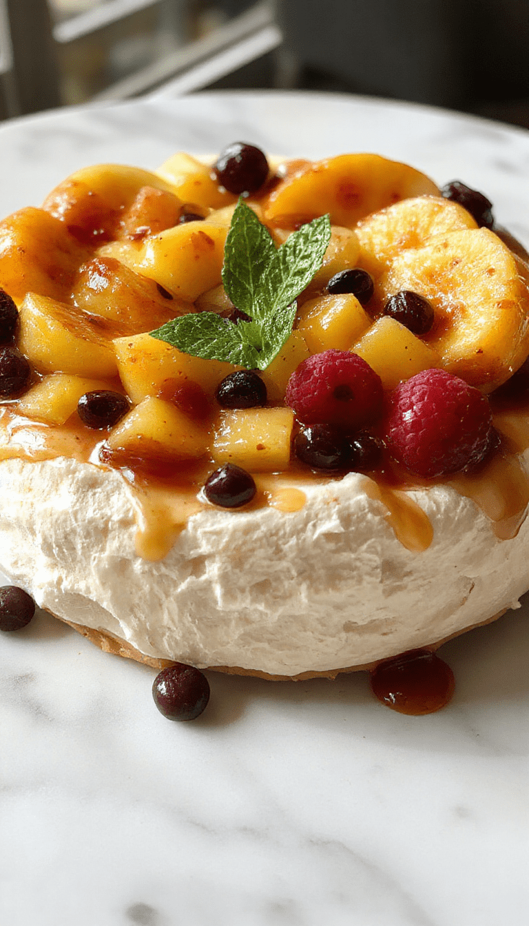 A vibrant pavlova on a white plate, topped with fluffy white meringue, whipped cream, and an assortment of colorful fresh fruits like berries, kiwi, and mango, garnished with mint leaves and drizzled with fruit syrup, styled on a rustic wooden table with natural lighting.