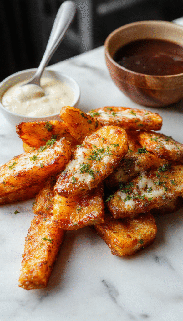 A close-up of golden-brown sweet potato wedges seasoned with garlic and Parmesan cheese, garnished with fresh herbs on a rustic wooden platter, with a side dipping sauce and vibrant green garnish.