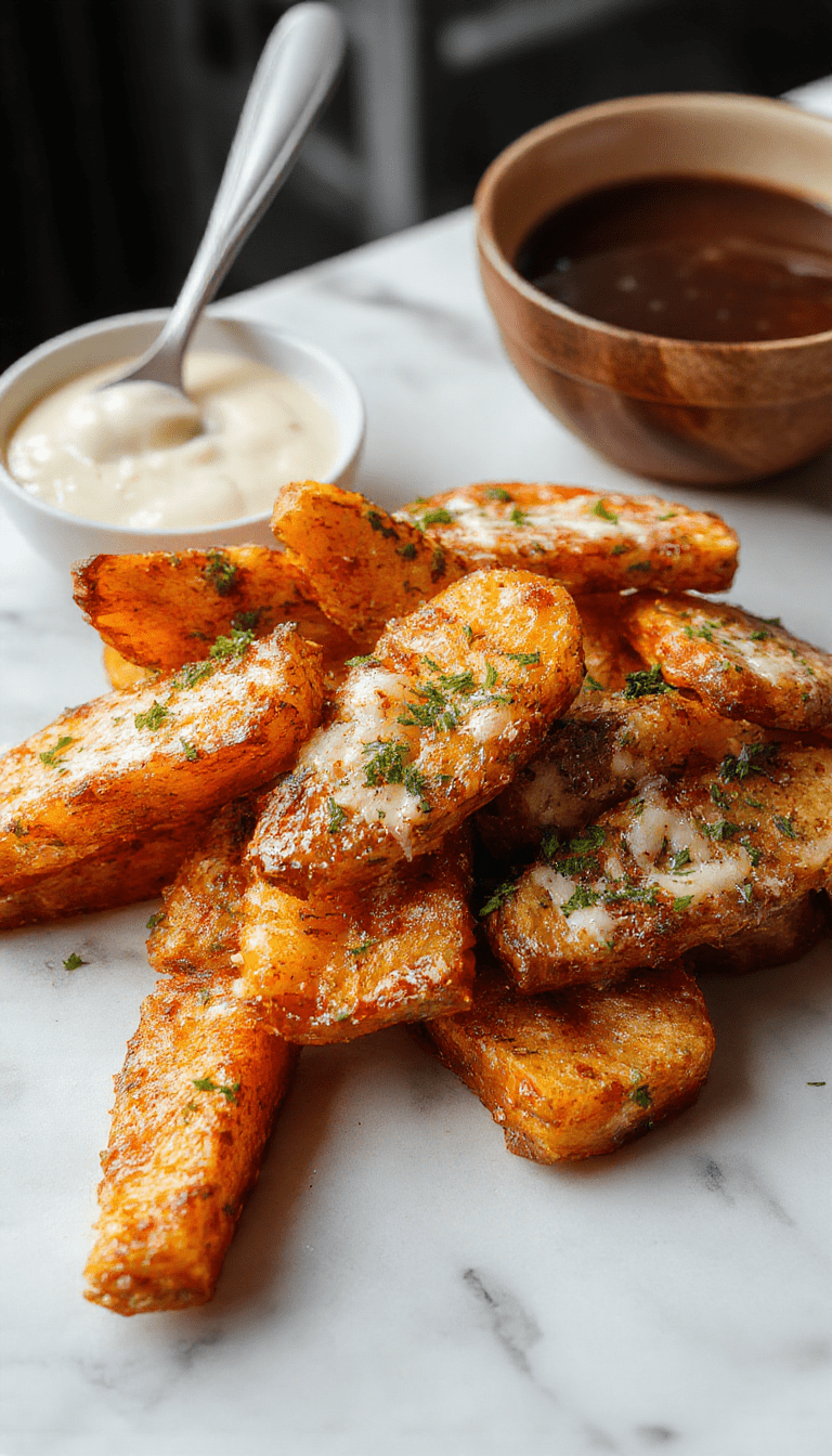 A close-up of golden-brown sweet potato wedges seasoned with garlic and Parmesan cheese, garnished with fresh herbs on a rustic wooden platter, with a side dipping sauce and vibrant green garnish.