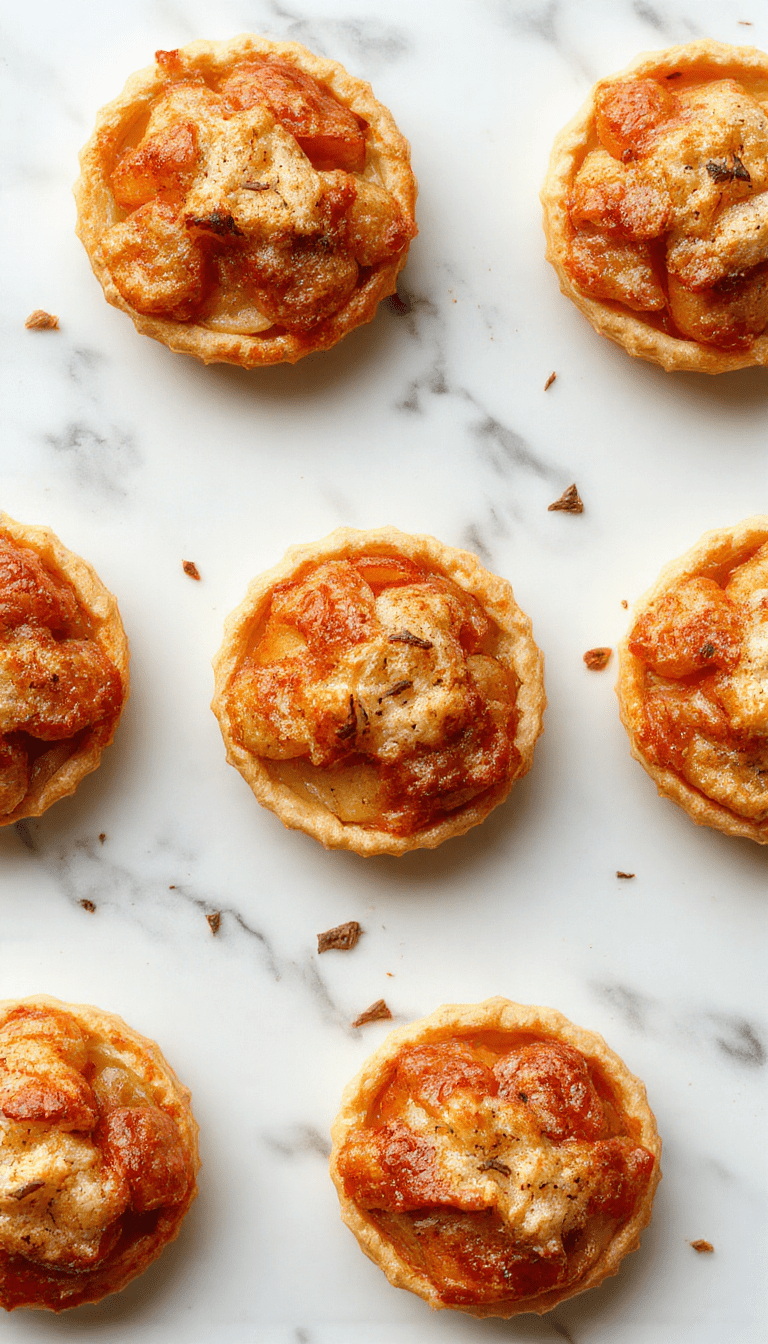 Colorful mini apple pies arranged on a rustic wooden platter, topped with cinnamon sugar and fresh apple slices, showcasing flaky golden crust and warm apple filling