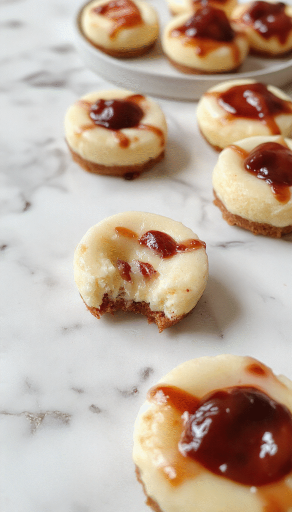 A plate of six mini cheesecakes with creamy white filling topped with fresh strawberries, garnished with mint leaves on a rustic wooden tray, with a pastel blue background highlighting the smooth textures and elegant presentation.