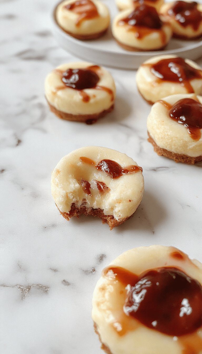 A plate of six mini cheesecakes with creamy white filling topped with fresh strawberries, garnished with mint leaves on a rustic wooden tray, with a pastel blue background highlighting the smooth textures and elegant presentation.