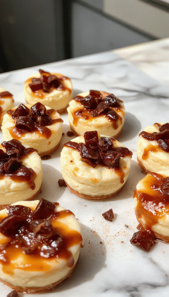 A close-up of elegant mini cheesecakes on a white serving plate, topped with fresh strawberries and a drizzle of glaze. The cheesecakes have a golden graham cracker crust and creamy, smooth filling with a slight sheen. The background features a rustic wooden table with sprigs of mint for garnish, and soft natural light highlighting the textures and inviting presentation.