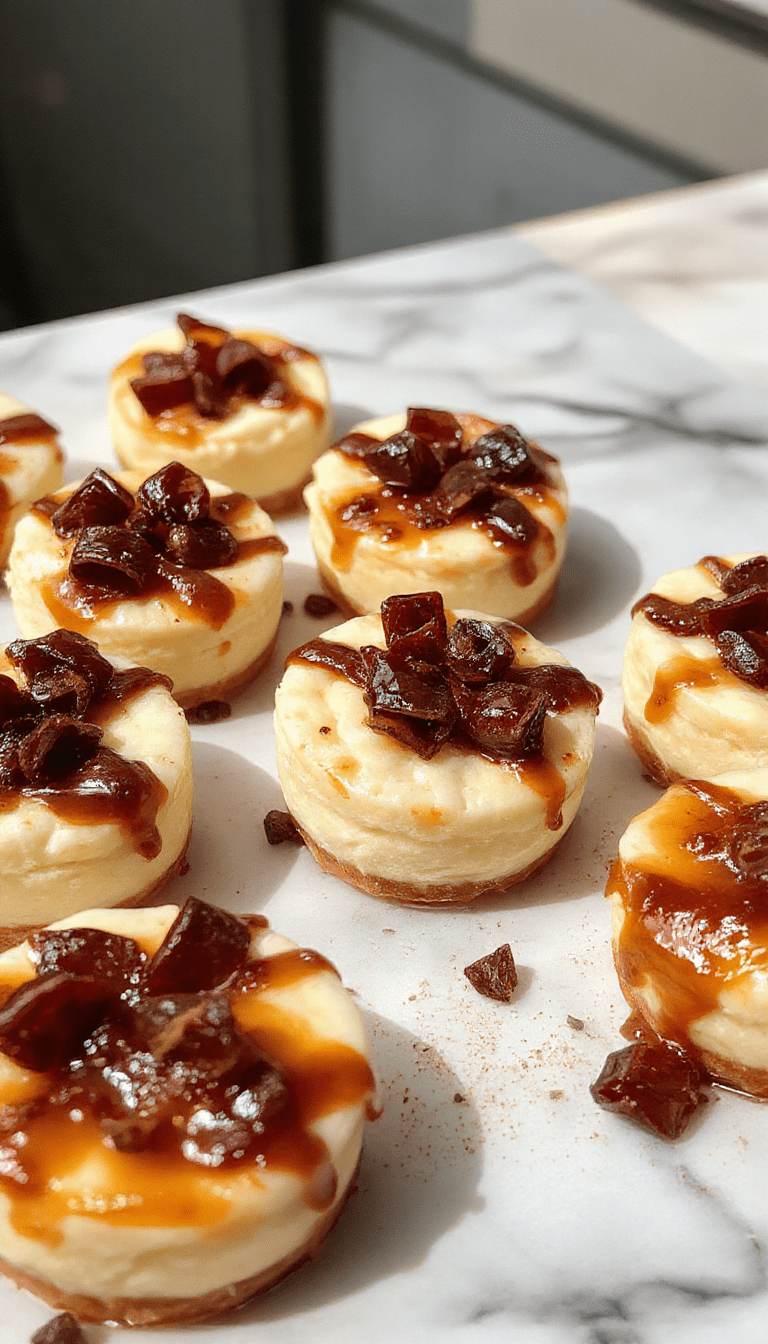A close-up of elegant mini cheesecakes on a white serving plate, topped with fresh strawberries and a drizzle of glaze. The cheesecakes have a golden graham cracker crust and creamy, smooth filling with a slight sheen. The background features a rustic wooden table with sprigs of mint for garnish, and soft natural light highlighting the textures and inviting presentation.