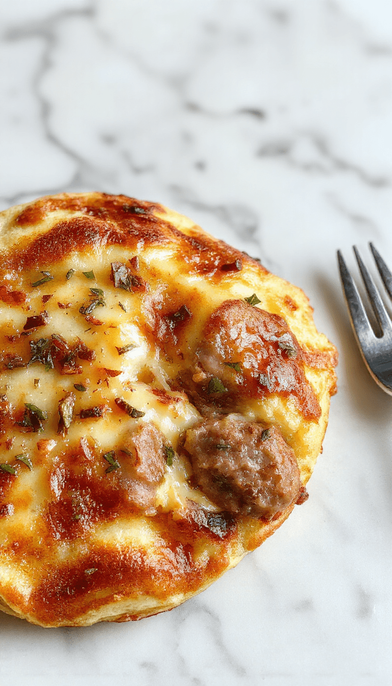 Colorful breakfast casserole featuring golden-brown pancakes topped with cooked sausage bits, melted cheese, and fresh herbs in a rustic rectangular dish, with a fork piercing a slice showing layers of fluffy pancakes and savory sausage pieces.