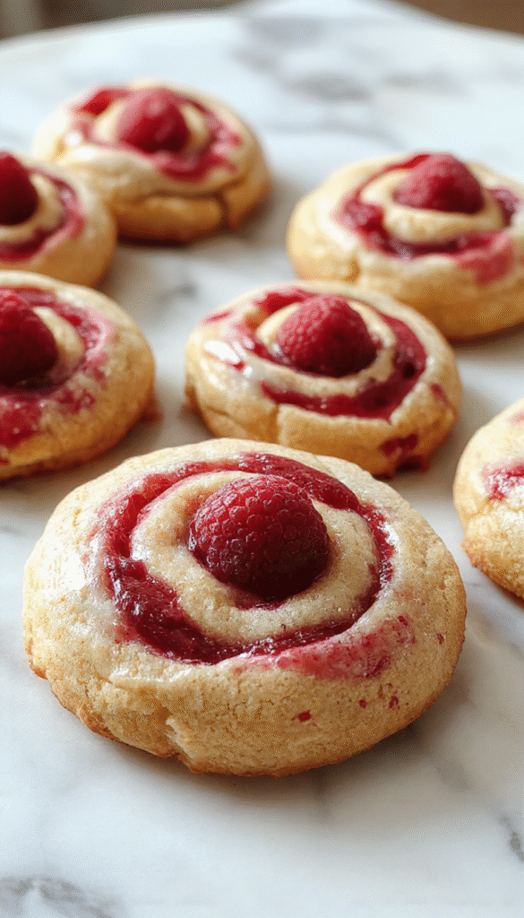 A close-up of vibrant red raspberry swirl cookies with a glossy raspberry glaze drizzled on top, arranged on a white plate with a clean wooden background, showcasing their golden edges and berry-filled swirl patterns.