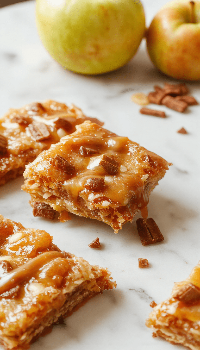 A close-up of a rectangular plate of salted caramel apple bars with a golden-brown crust, drizzled with glossy salted caramel sauce and topped with thin apple slices and sea salt crystals, styled on a rustic wooden table with autumn leaves in the background.