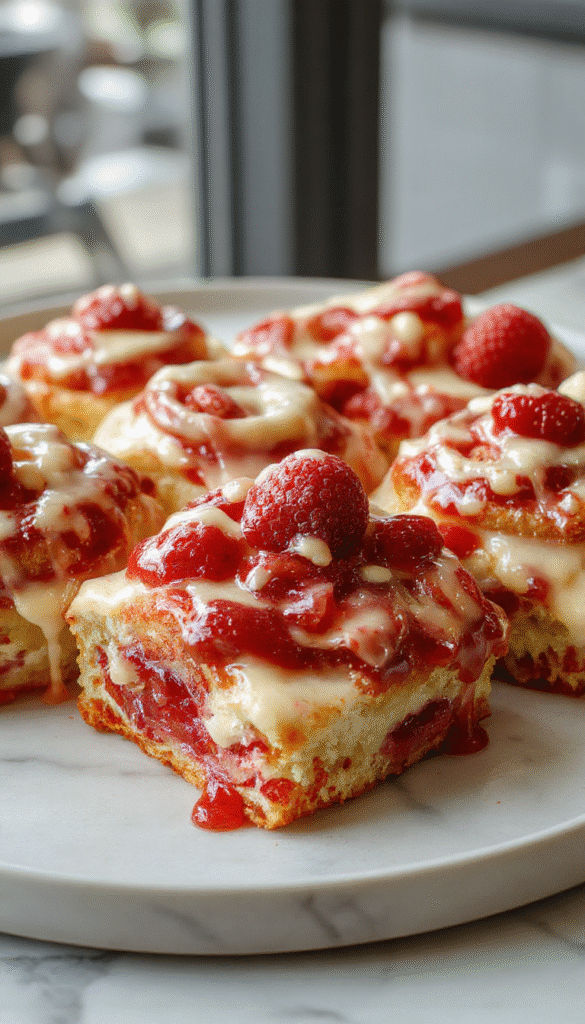 Colorful display of gooey cinnamon rolls topped with luscious strawberry cheesecake filling, drizzled with glaze, arranged on a rustic plate with fresh strawberries and mint garnish, textured with golden-brown edges and creamy toppings.