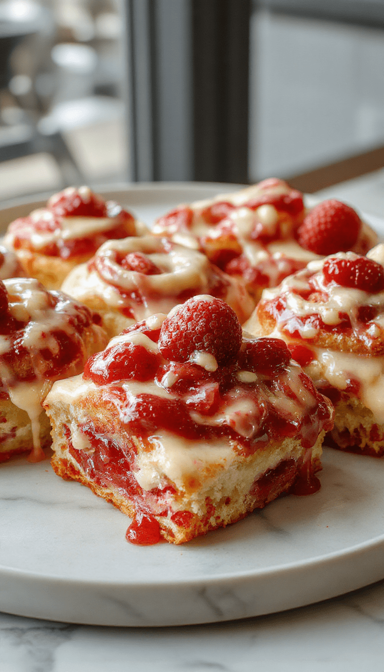 Colorful display of gooey cinnamon rolls topped with luscious strawberry cheesecake filling, drizzled with glaze, arranged on a rustic plate with fresh strawberries and mint garnish, textured with golden-brown edges and creamy toppings.