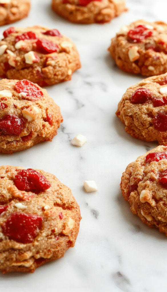 A vibrant plate of strawberry crunch cookies showcasing a golden-brown exterior topped with crushed strawberries and colorful sprinkles, arranged on a rustic white plate with a blurred background of fresh strawberries and mint leaves, emphasizing the textures and inviting appeal.