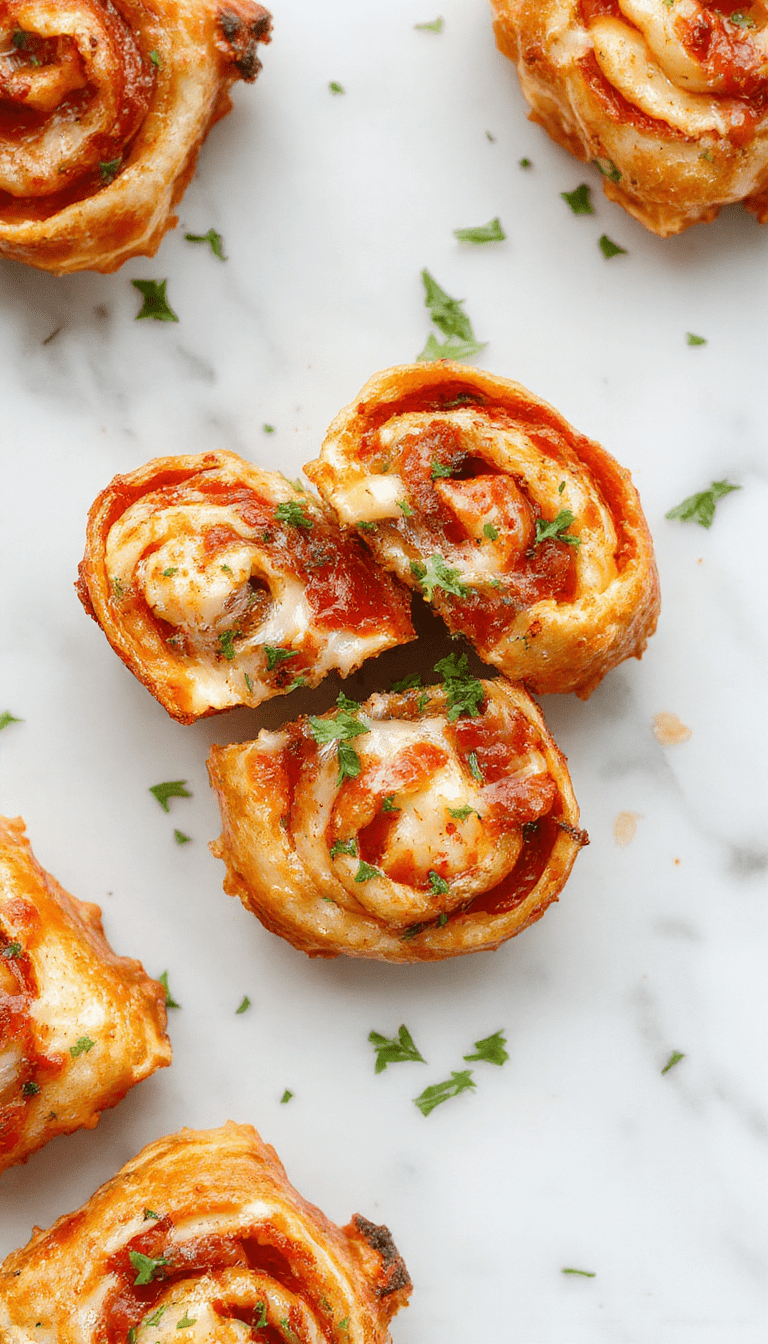 A close-up of golden-brown savory vegan pizza rolls arranged on a rustic wooden platter, topped with fresh herbs, with a gooey cheese-like filling visible through the crispy exterior, served alongside a vibrant marinara dipping sauce.
