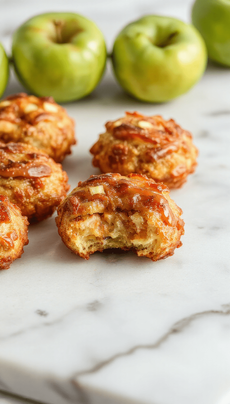 Golden brown apple fritter bites arranged on a white plate with a dusting of powdered sugar, showcasing their crispy, flaky exterior with slices of fresh apples visible inside, styled on a rustic wooden table with cinnamon sticks and a drizzle of caramel sauce for a warm, inviting presentation.