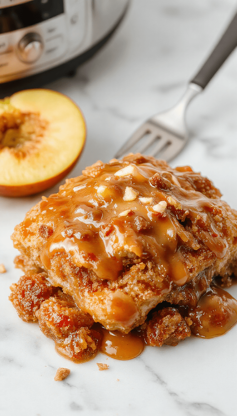 A vibrant close-up image of a freshly baked caramel apple dump cake served in a rustic white bowl. The dessert features golden-brown crumbly topping drizzled with rich caramel sauce, topped with sliced fresh apples, and sprinkled with chopped nuts. The background showcases a warm, inviting kitchen with hints of cinnamon sticks and caramel drizzles, emphasizing the cozy fall vibe and indulgent textures.
