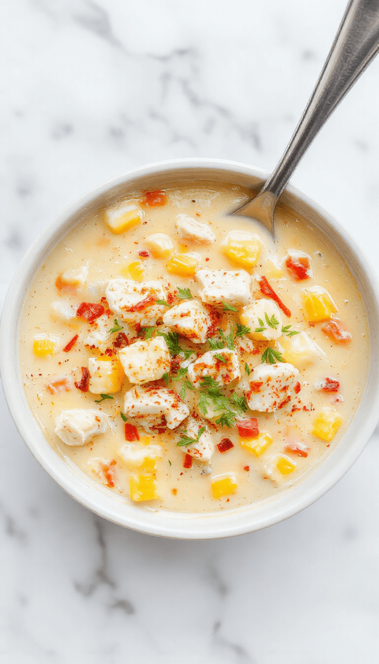 A comforting bowl of creamy chicken corn chowder garnished with chopped parsley and a drizzle of cream, served atop a rustic wooden table with fresh ingredients like corn, chicken, and herbs.