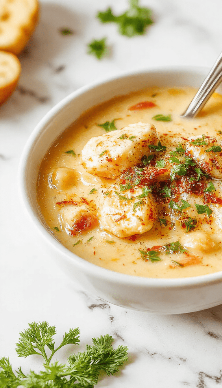 A vibrant bowl of Chicken Parmesan Soup featuring shredded chicken, melted mozzarella cheese, and fresh basil on a rich tomato broth, garnished with grated Parmesan and served with crusty bread on a rustic table.