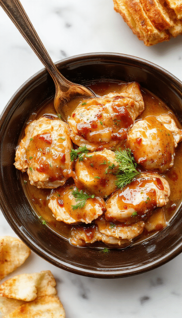 A close-up of tender shredded chicken in a rich, creamy gravy served in a white bowl, garnished with fresh herbs, set on a rustic wooden table with fresh ingredients and a crockpot in the background, showcasing a comforting and inviting meal