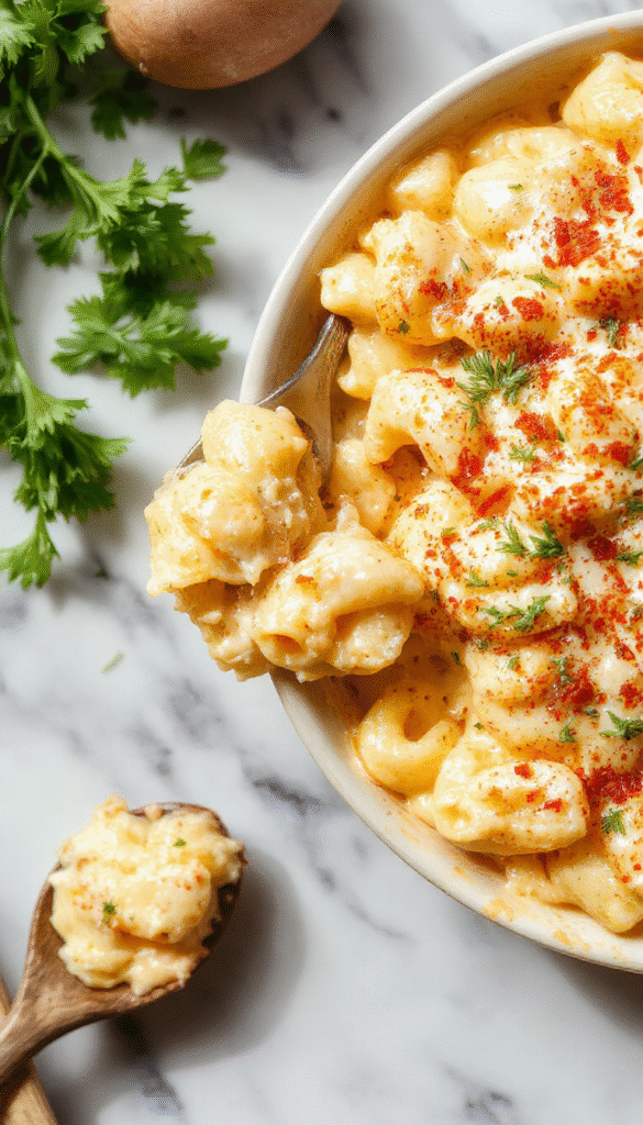 A vibrant white plate featuring creamy vegan mac and cheese with a smooth, cheesy sauce coating each tender pasta. Garnished with fresh herbs, the dish displays a glossy texture and inviting aroma, set against a rustic wooden background with scattered cheese and herbs for a homely, comforting feel.