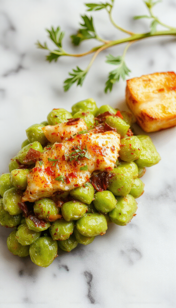 A vibrant plate of bright green peas mixed with diced onions and herbs, garnished with fresh parsley, presented on a rustic white plate with a wooden background, showcasing a fresh and inviting holiday side dish with a glossy, tender texture.